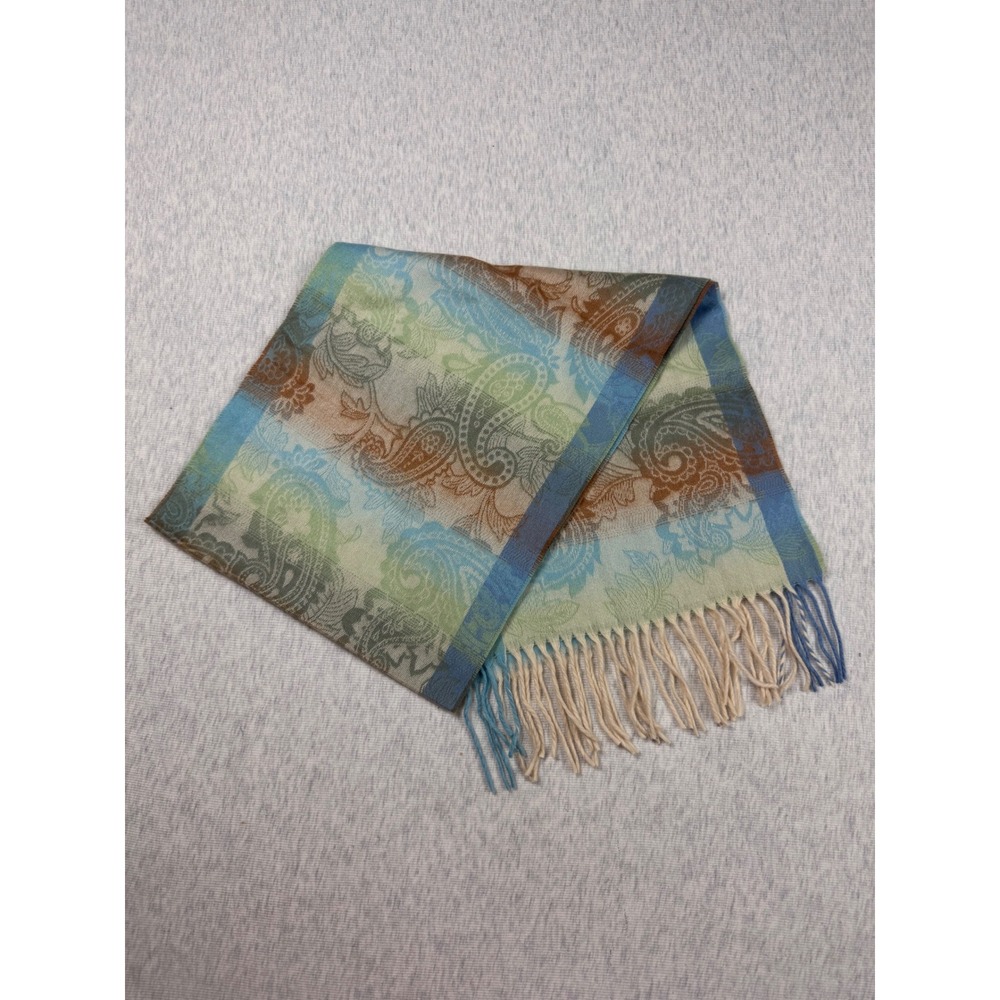 V. Fraas Cashmink Scarf Blue Green Brown Paisley Fringe Made in Germany RN 66349